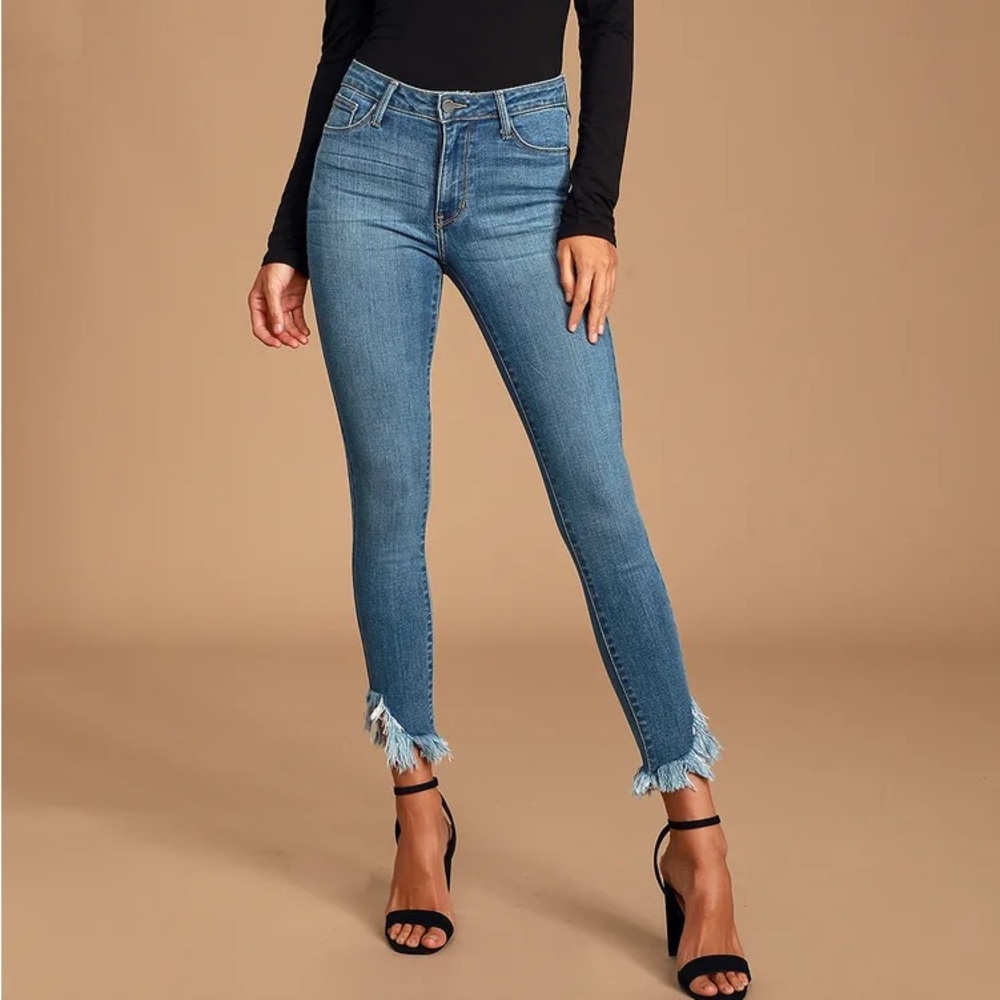 Teigan Medium Wash High Rise Raw Hem Skinny Jeans